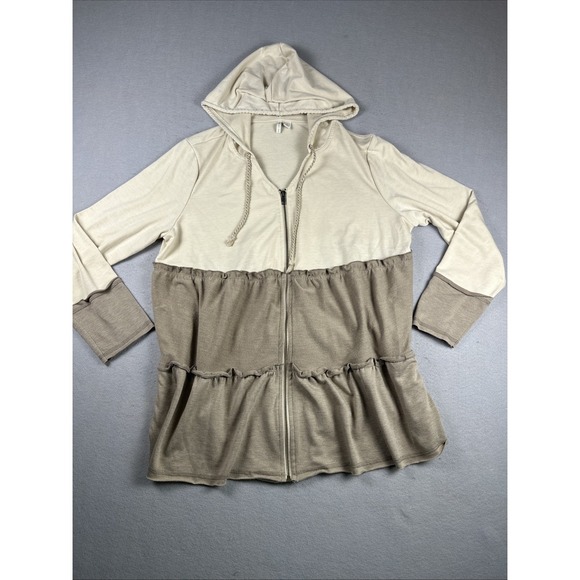 Cato Jackets & Blazers - Cato Large Neutral Colorblock Ruffle Zip Hoodie Boho Tiered Lounge Jacket L